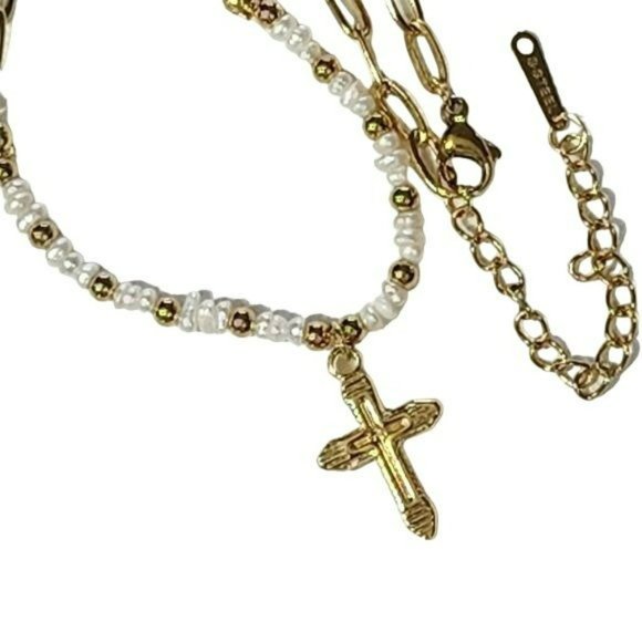 Gold Plated Stainless Steel Chain Freshwater Pearl Beads Cross‎ Pendant Necklace - Picture 4 of 14